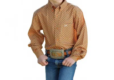 Cinch Kids' Boys Arena Flex Print Long Sleeve Button Down Shirt In Orange In Yellow