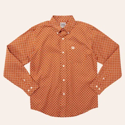 Cinch Boys' Brown & White Geo Print Long Sleeve Shirt