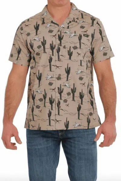 Cinch Cactus Print Short Sleeve Camp Shirt In Khaki In Neutral