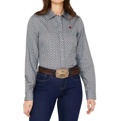 Cinch Geo Button Long Sleeve Shirt In Blue