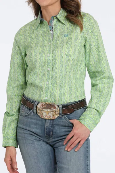Cinch Geometric Print Button-down Western Shirt In Lime In Green