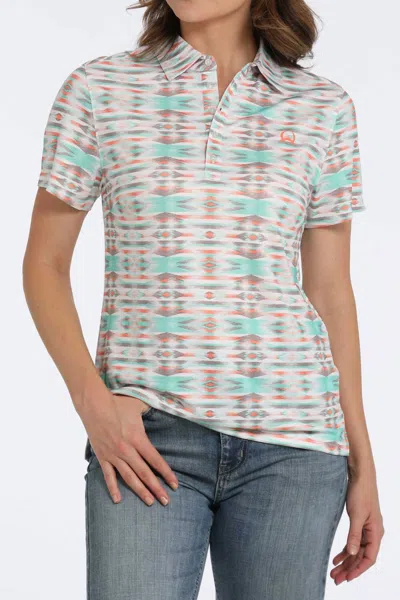 Cinch Geometric Print Polo Shirt In White In Multi