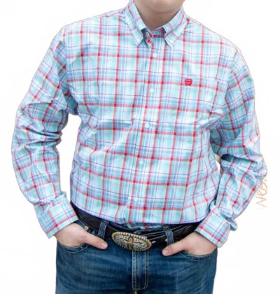 Cinch Long Sleeve Plaid Button Down In Blue In Animal Print