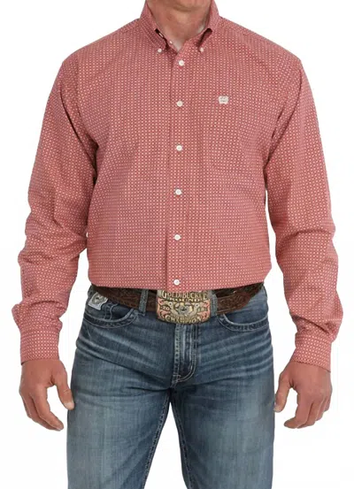 Cinch Long Sleeve Print Button Up Top In Red