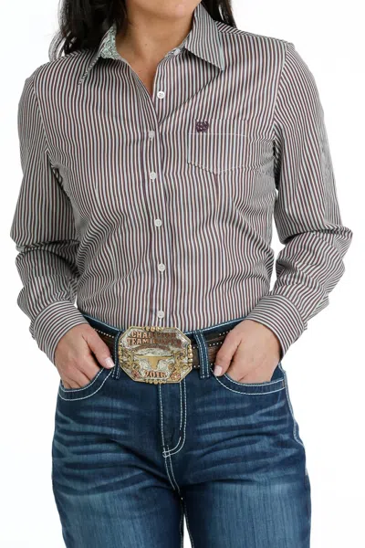 Cinch Long Sleeve Stripe Tencel Shirt In Green