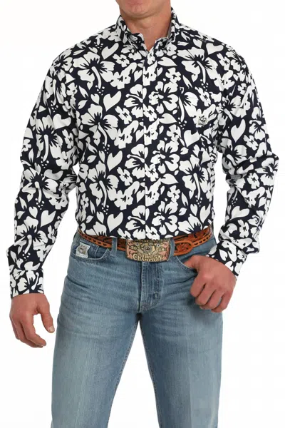 Cinch Long Sleeve Twill Print Shirt In Navy In White