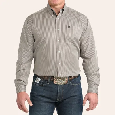 Cinch Men's Brown & White Tencel Stripe Print Long Sleeve Shirt In Blue