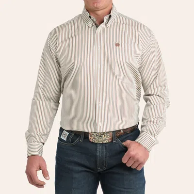 Cinch Men's Cream Stripe Print Long Sleeve Tencel Shirt In White