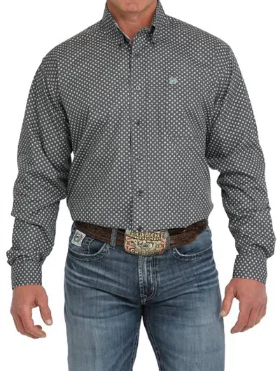 Cinch Men's Geo Print Classic Button Down Woven Shirt In Grey/blue In Black