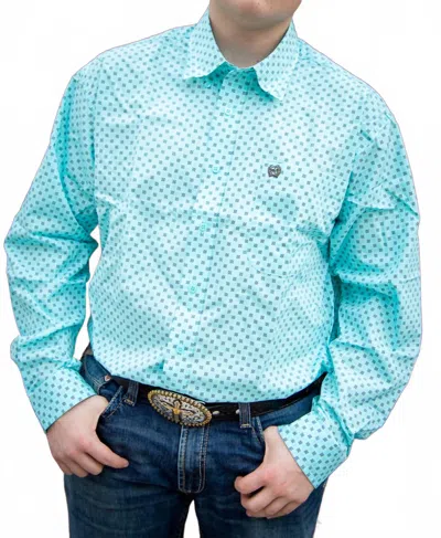 Cinch Men's Long Sleeve Square Print Button Down In Blue