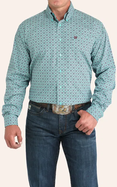 Cinch Men's Medium Turquoise Geo Print Button Down Shirt In Blue