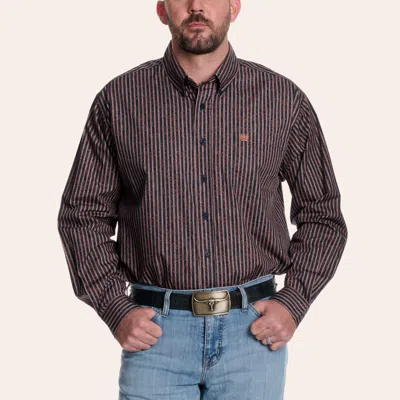 Cinch Men's Navy Stripe Print Long Sleeve Button Down Shirt In Brown