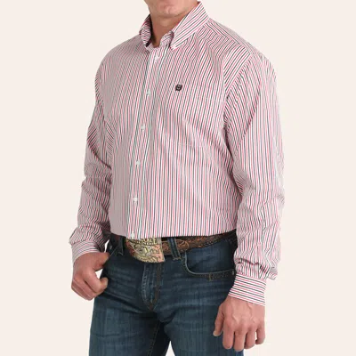 Cinch Men's Red & Blue Stripe Print Long Sleeve Tencel Shirt In Multi