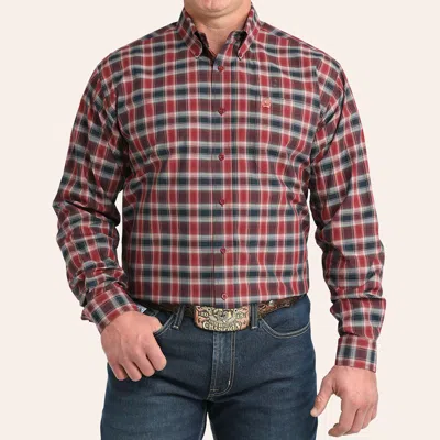 Cinch Men's Red & Navy Plaid Print Long Sleeve Shirt In Brown