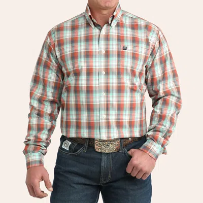 Cinch Men's Red & Teal Plaid Print Long Sleeve Shirt In Multi