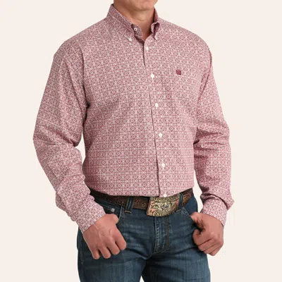 Cinch Men's Red Geo Print Long Sleeve Shirt In Pink