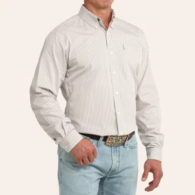 Cinch Men's Tan & White Stripe Print Long Sleeve Shirt In Multi