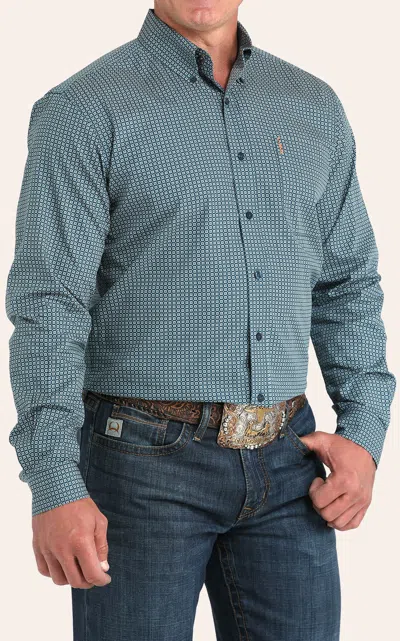 Cinch Men's Teal & White Geo Print Western Shirt In Blue