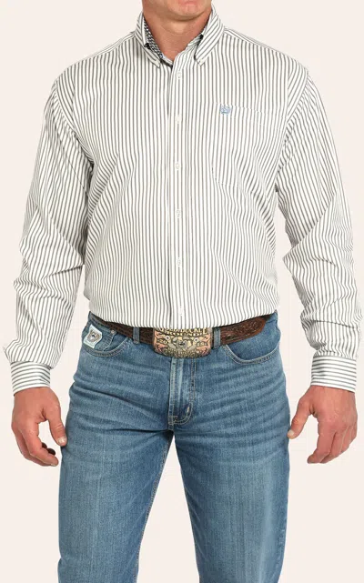 Cinch Men's Tencel™ Cream & Gray Striped Button Down Shirt In White