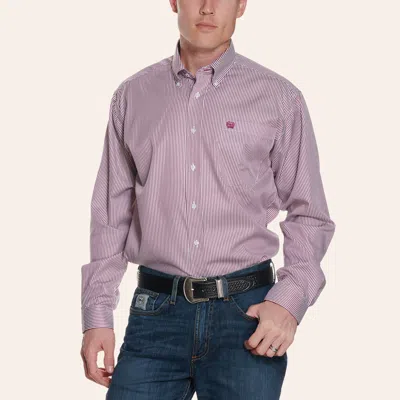 Cinch Men's White & Burgundy Tencel™ Striped Print Western Shirt In Purple