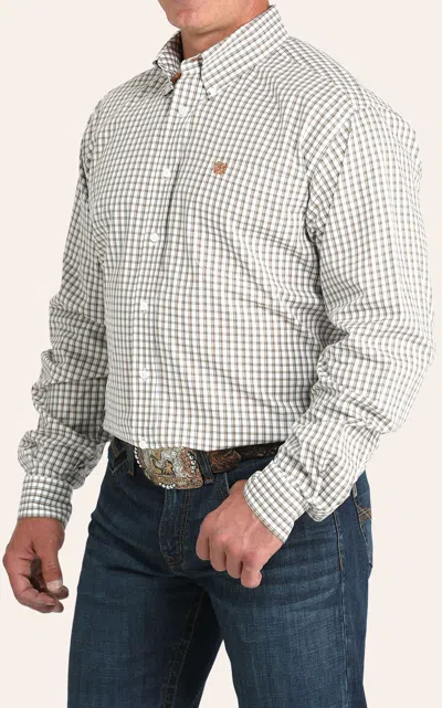 Cinch Men's White & Tan Stretch Plaid Print Button Down Shirt In Multi