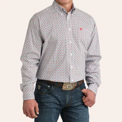 Cinch Men's White Geo Print Stretch Long Sleeve Shirt In Blue