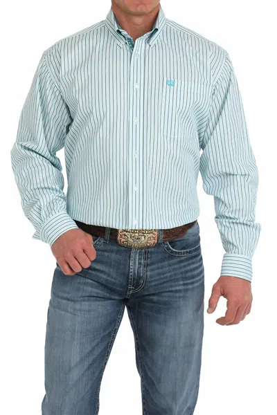 Cinch Stretch Stripe Button Down Classic Shirt In White/turquoise In Multi