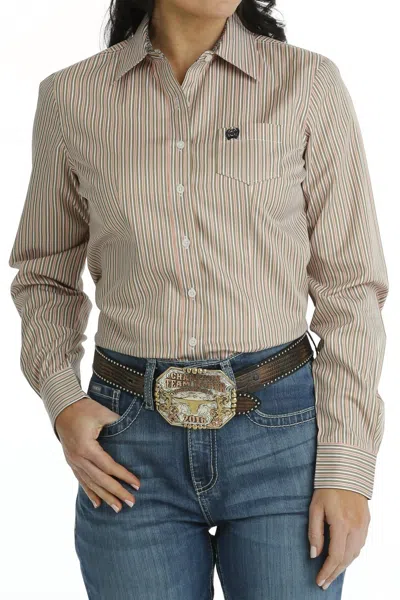 Cinch Tencel Striped Long Sleeve Shirt In Brown