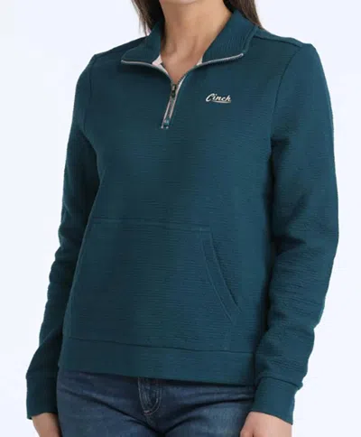 Cinch Women's 1/4 Zip Pullover With Kangaroo Pocket In Teal In Blue
