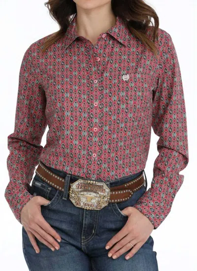 Cinch Women's Arenaflex Button Down Print Shirt In Pink In Multi