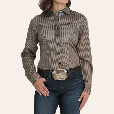 Cinch Women's Brown Stripe Floral Collar & Cuff Western Shirt In Multi