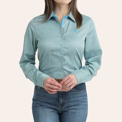 Cinch Women's Light Blue Stripe Print Long Sleeve Shirt