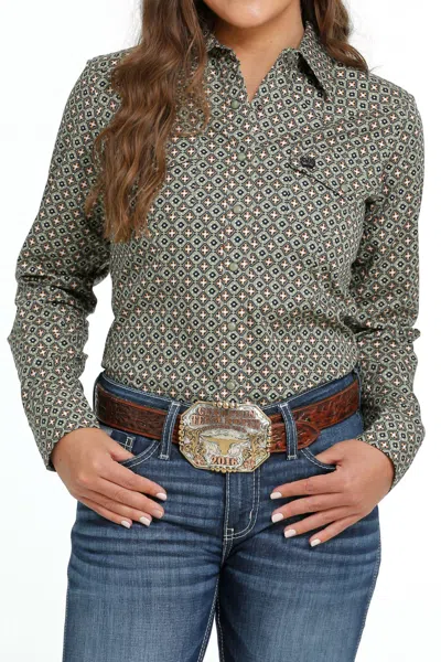 Cinch Women's Long Sleeve Print Shirt In Olive In Green