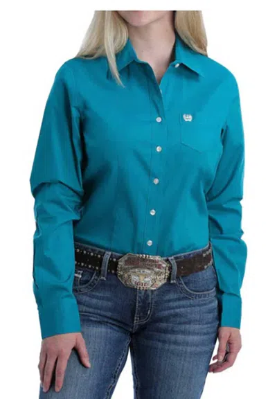 Cinch Women's Plain Weave Solid Button Down Shirt In Teal In Blue