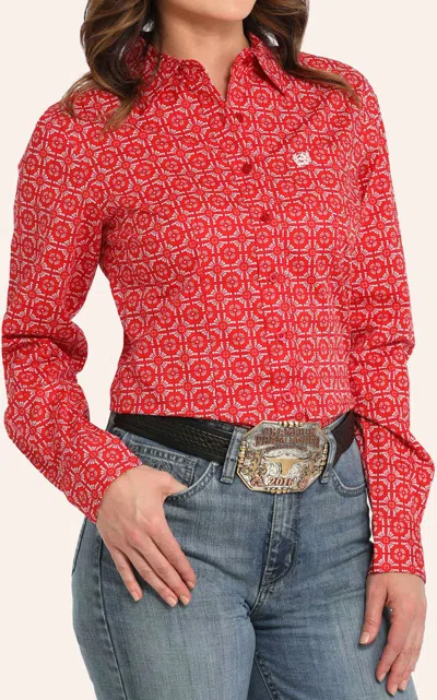 Cinch Women's Red Geo Print Button Down Western Shirt