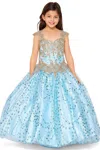 Cinderella Couture 8024 Flower Girl Beaded Applique Glitter Dress In Blue