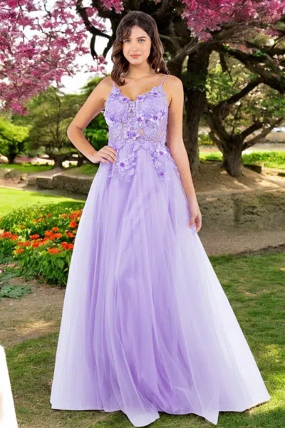 Cinderella Couture 8038j Long Formal 3d Floral Applique A Line Prom Dress In Purple