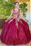 Cinderella Couture 8046 Long Beaded Applique Glitter Flower Girl Dress In Burgundy