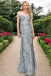 Cinderella Couture 8058j Beaded Applique Long Formal Fitted Prom Dress In Blue