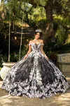 Cinderella Couture 8070j Floral Long Ball Gown Quinceanera Dress In Black
