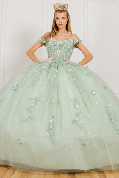 Cinderella Couture 8075j Long Applique Ball Gown Cape Quinceanera Dress In Green