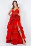 Cinderella Couture 8093j A Line Long Formal Applique Tiered Prom Dress In Red