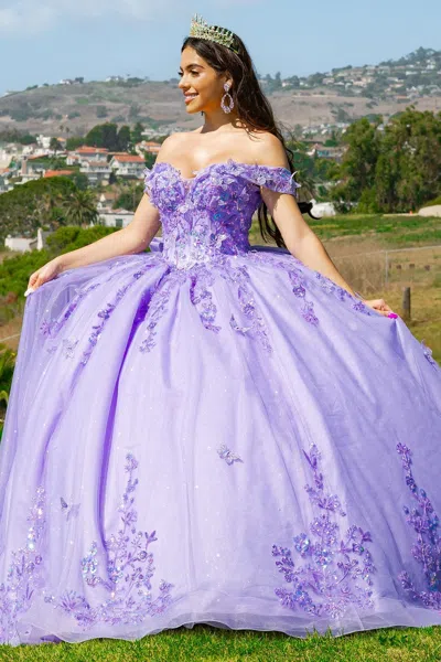 Cinderella Couture 8111j Long Ball Gown Glitter Applique Quinceanera Dress In Purple