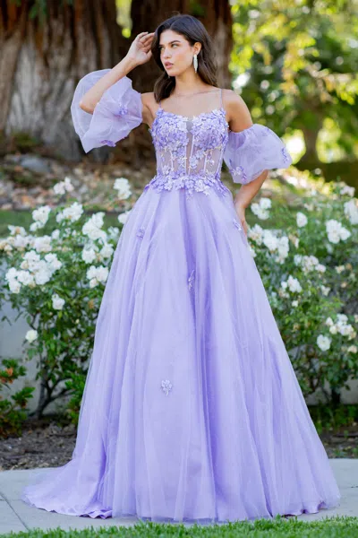 Cinderella Couture 8130j Long Formal A Line 3d Floral Applique Prom Dress In Purple