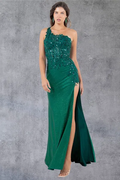 Cinderella Couture 8162j Long Slit Floral Formal Prom Sequin Dress In Green
