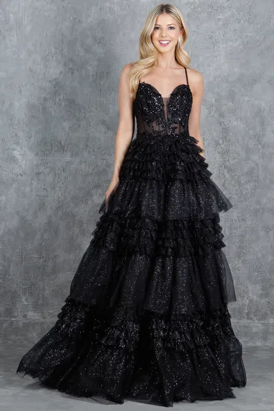 Cinderella Couture 8163j Prom Long Layered Ruffle Formal A Line Dress In Black