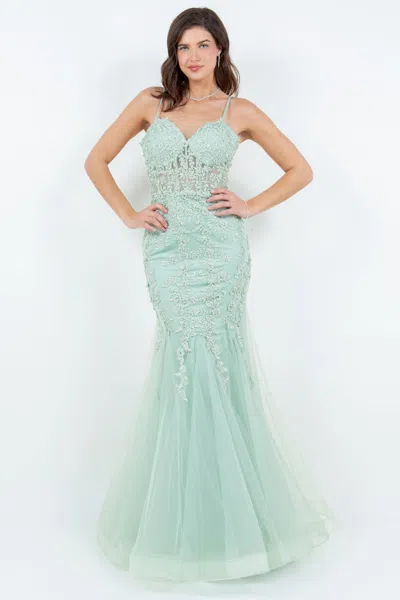 Cinderella Couture 8175j Fitted Formal Long Floral Prom Mermaid Dress In Green