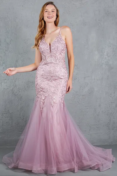 Cinderella Couture 8178j Fitted Lace Long Formal Mermaid Prom Dress In Pink