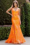 Cinderella Couture 8182j Sequin Long Formal Prom Printed Mermaid Dress In Orange