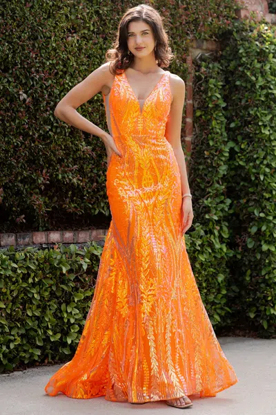 Cinderella Couture 8182j Sequin Long Formal Prom Printed Mermaid Dress In Orange